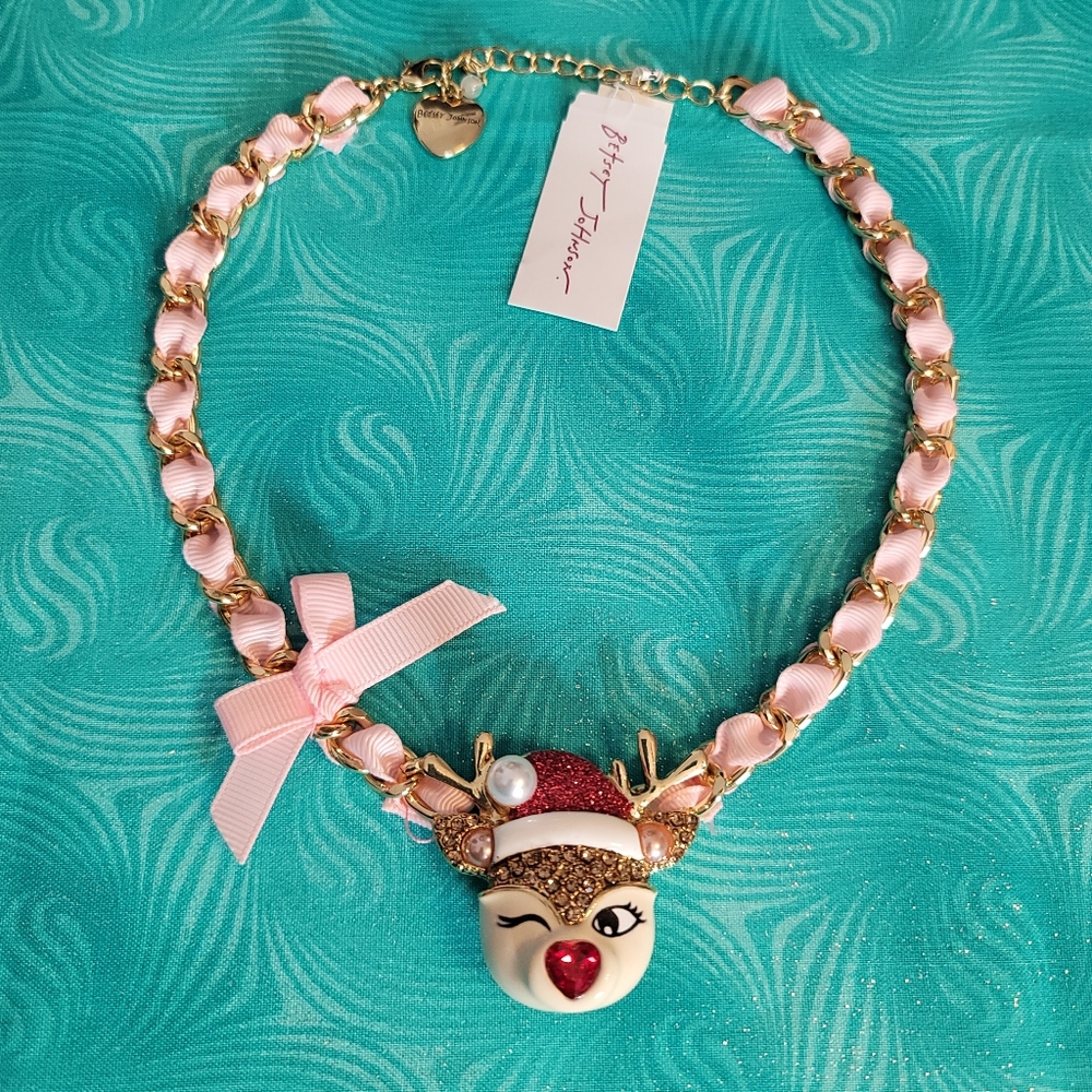 Betsey Johnson Christmas Reindeer Necklace Jingle Bell Bling Rudolpf Red Santa